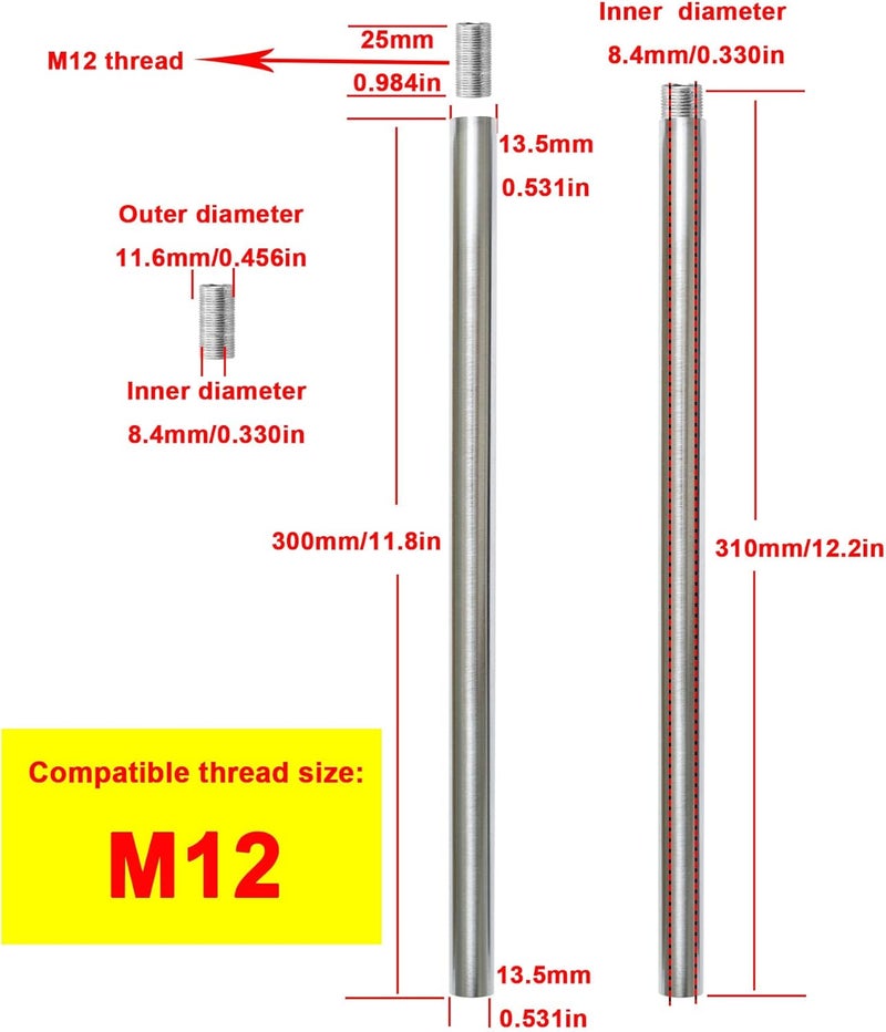 Haligate Brushed Nickel M12 Threaded Extension Rod for Pendant Light, Island Lighting, Chandeliers,lighting fixture downrods & stems,12 Inches 13.5mm OD (0.531″) x 300mm L (11.81″) - Image 2